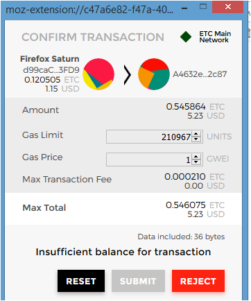 Saturn wallet DEX gas setting and trade confirmation screen